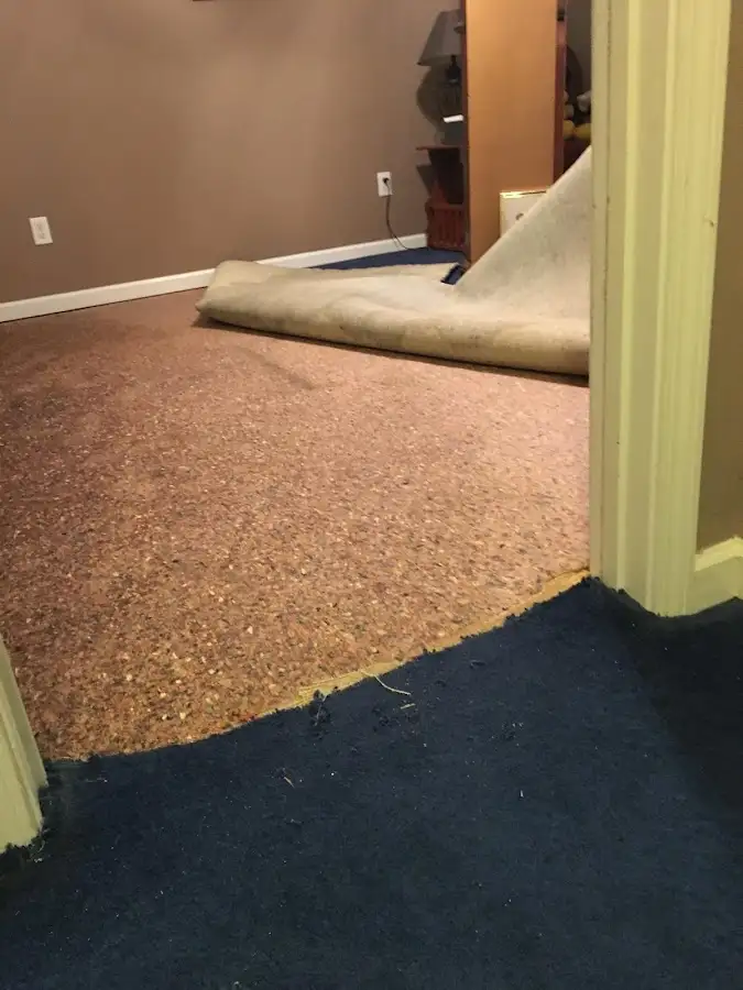 Carpet pad removal revealing water damage during Drying & Dehumidification in Cameron