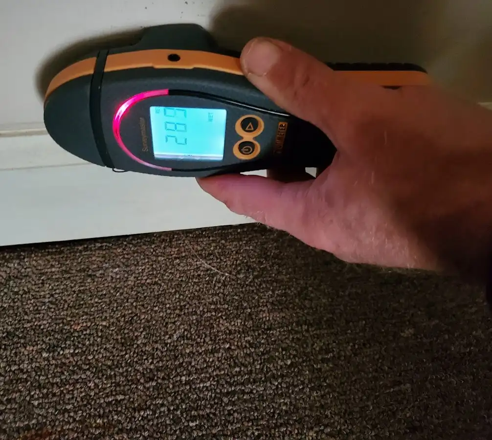 Moisture detection at baseboard during Storm Damage Restoration in Cameron